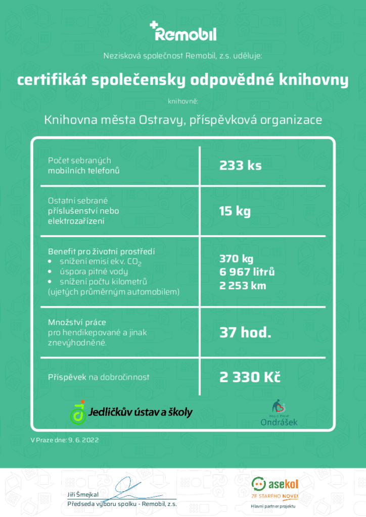 ocenění-certifikát pro knihovnu za sbírku starých mobilů Remobil