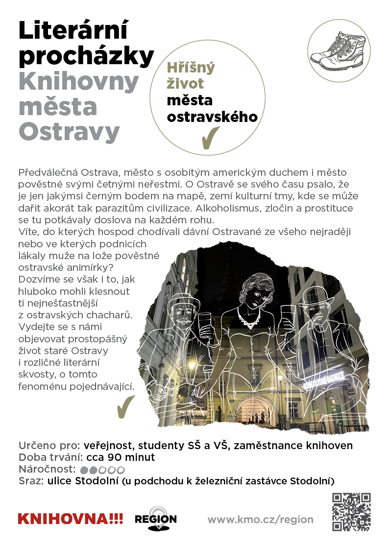 plakát obsahuje grafiku a anotaci k literární procházce Hříšný život města ostravského