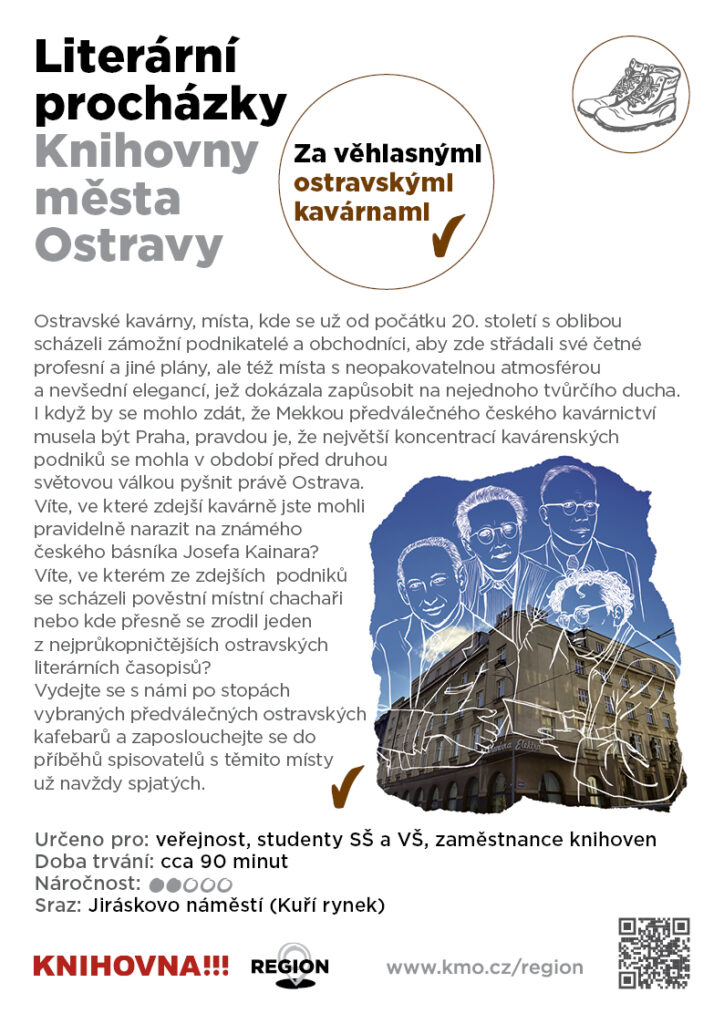 Plakát obsahuje grafiku a anotaci k literární procházce Za věhlasnými ostravskými kavárnami